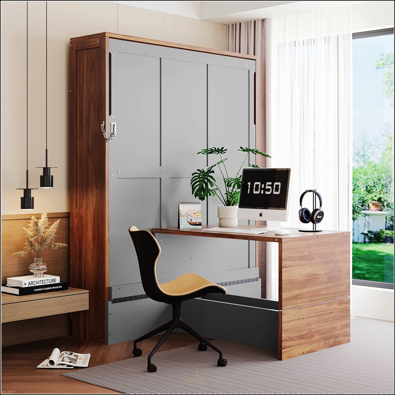 Lit escamotable double avec bureau pliable, Gris