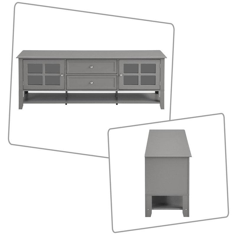 Meuble télé moderne avec portes vitrées, 2 tiroirs et tablettes de rangement, Gris