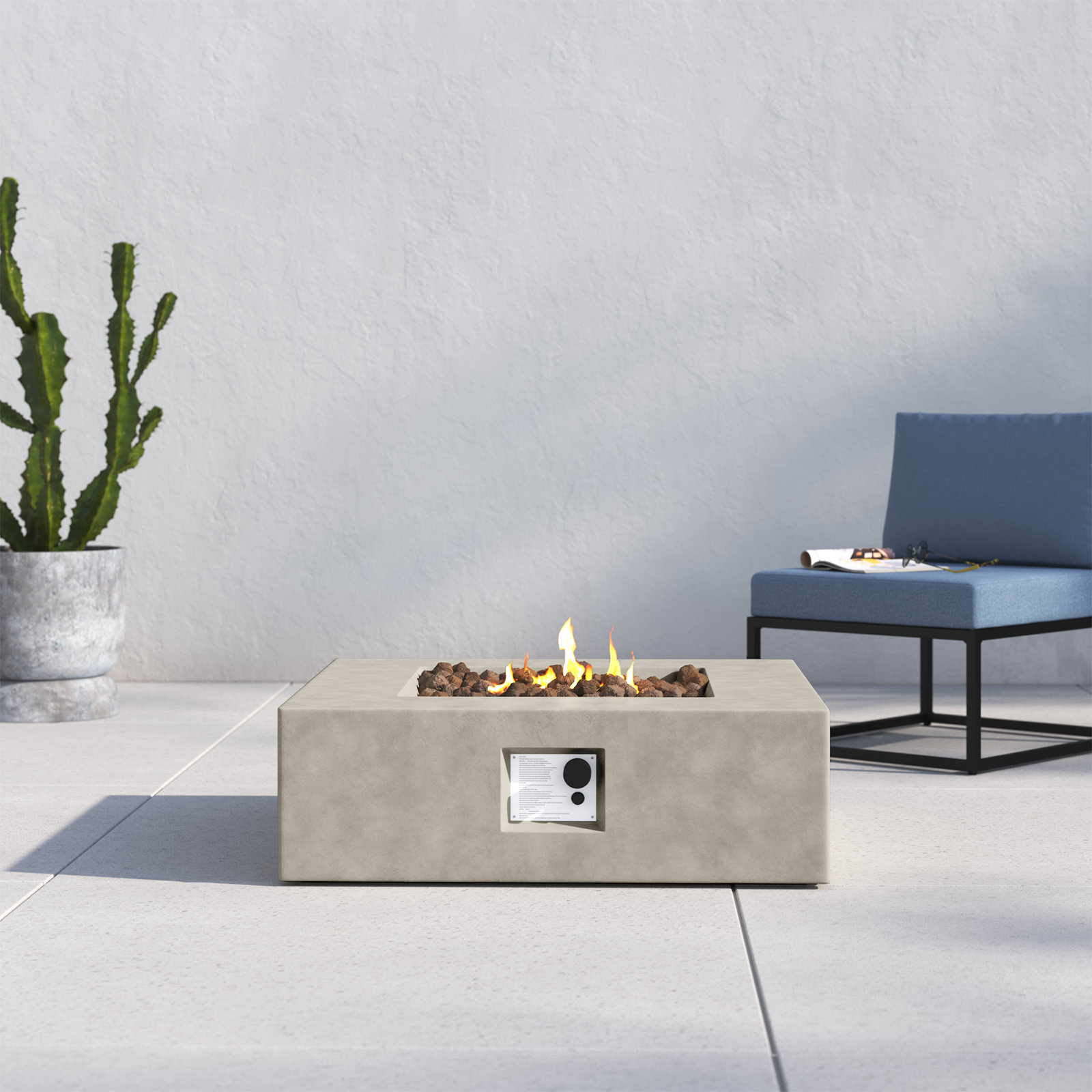 Rashid Fire Pit Table, Natural Concrete, 12" H x 34" W x 34" D