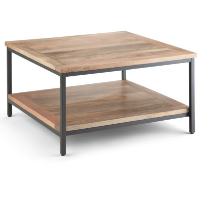 Skyler 34"W Solid Mango Wood Industrial Square Coffee Table with Open Shelf and Metal Frame