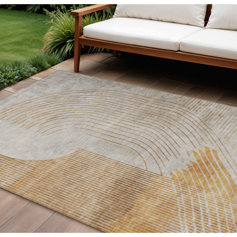 Tapis extérieur lavable à motif géométrique doré et ivoire 10 pi x 14 pi