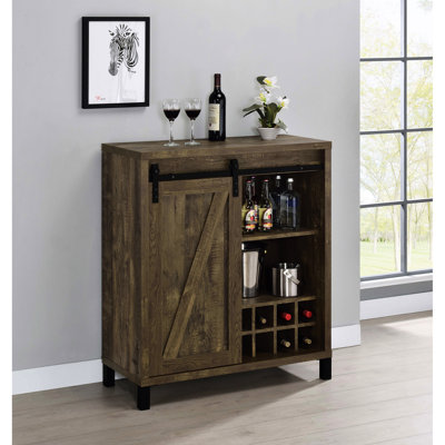 Rustic Oak Bar Cabinet With Sliding Barn Door, Stemware Holder And Heavy - Duty Steel Base Finish Customizable Storage For Items