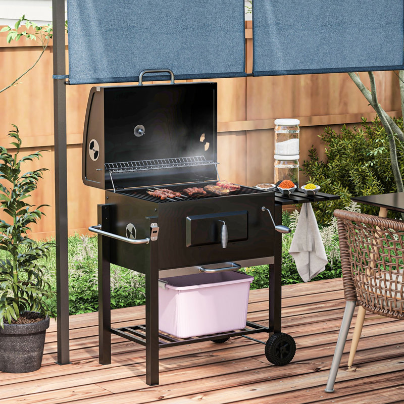Barbecue au charbon de bois, cuiseur d'extérieur portatif pour le camping et les rassemblements dans la cour. Surface de cuisson de 21,75 po x 16,5 po, table d'appoint, tablette inférieure, roulettes, poignée, noir. Conception pratique avec gril de pique-nique.