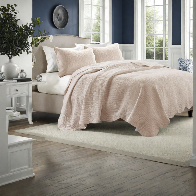 Ensembles de literie réversibles à bords festonnés, ensemble de courtepointe en microfibre rosée pour un style campagnard