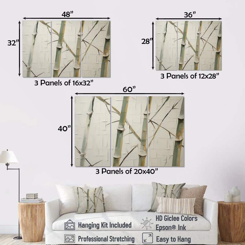 Vert et beige minimalisme bambou sérénité - ensemble d'art mural en toile de bambou, H 32 po x l 48 po x P 1 po