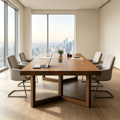 Rectangular solid wood conference table with built-in mobile power outlets, suitable for home offices and meeting rooms.