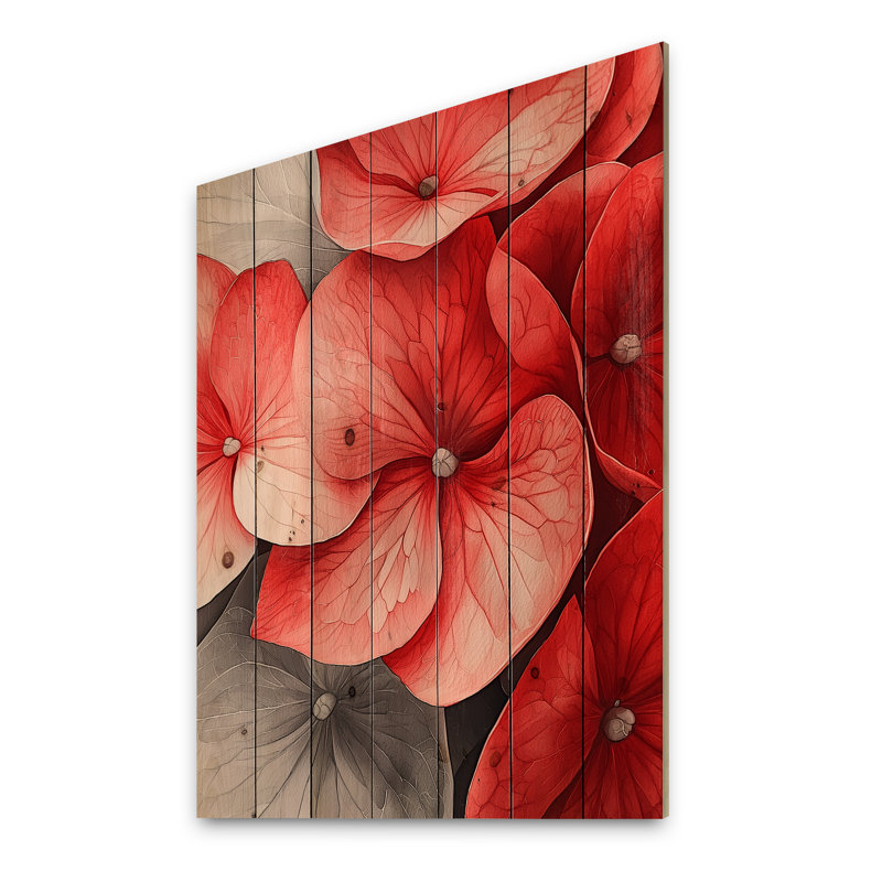 Monochrome Red Hydrangea Petal Accent II - Hydrangea Wood Wall Decor - On Natural Pine Wood, 20" H x 10" W x 0.78" D