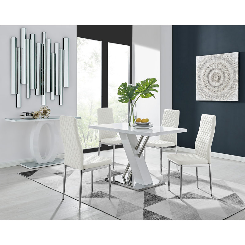 Sorro Cross Luxury High Gloss & Chrome Dining Table Set with 4 Quilted Faux Leather Chairs, White/Silver