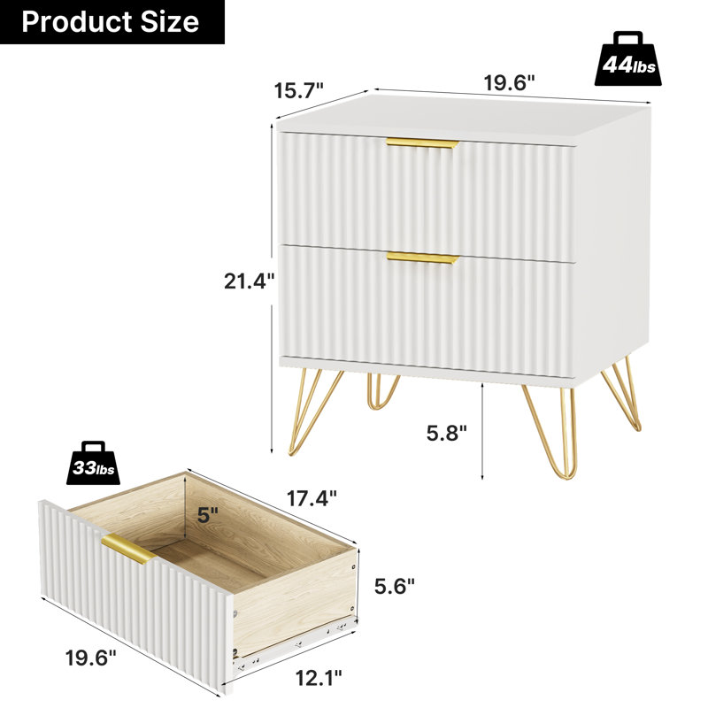 Fluted Nightstand With 2 Drawers, White