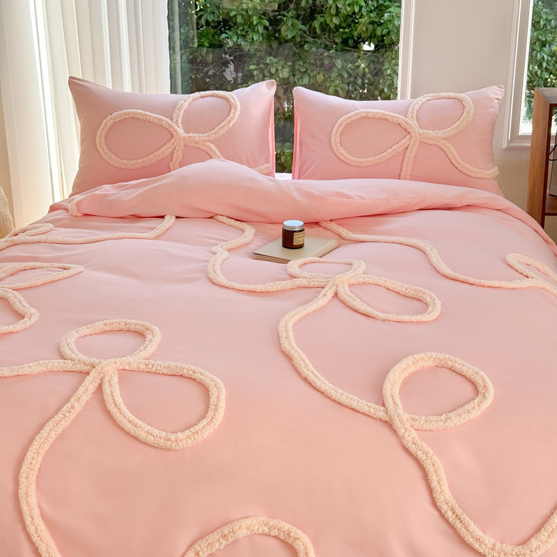 Boho Tufted Embroidered Duvet Cover Set with Zipper and Ties for All Season, Queen Duvet Cover + 2 Pillowcases, Pink
