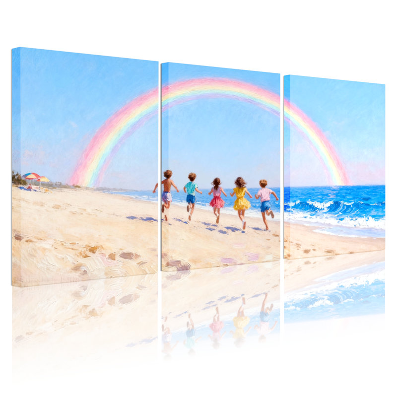 «Beach Children Courir sur la plage avec arc-en-ciel», ensemble de 3 reproductions d'art sur toile, H 18 po x l 36 po