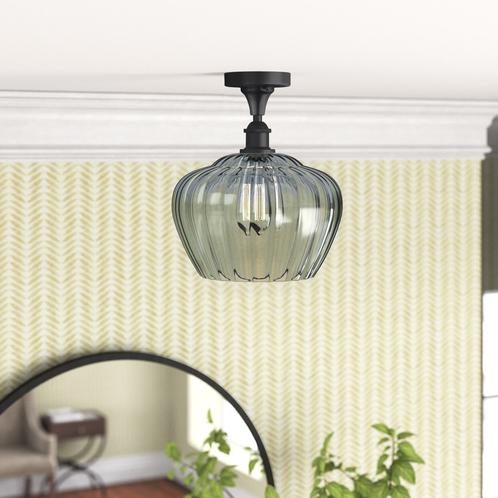 Renee Single Light Glass Semi Flush Mount, Clear, Oil Rubbed Bronze, 6 Watt Vintage LED Bulb