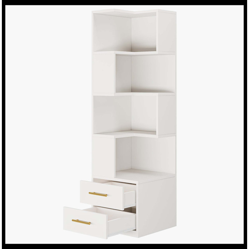 Bibliothèque en L 66,9 ", bibliothèque d'angle avec tablette à 5 niveaux et 2 tiroirs