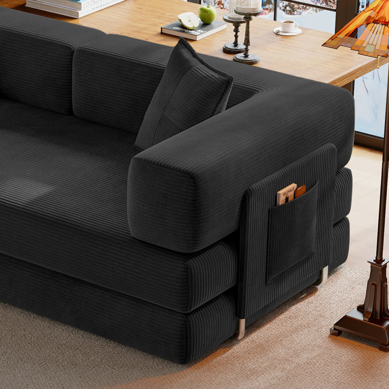 78.8'' Corduroy Convertible Sofa Bed Upholstered Sleeper Sofa with Armrest and Pillow, Black