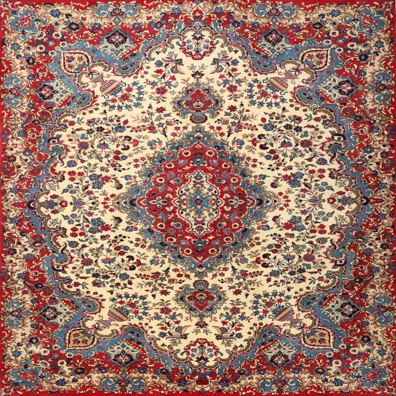 Tapis rouge/ivoire traditionnel Mugsy, Carré 5 pi