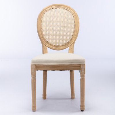 Ensemble de 2 chaises de salle à manger de style français à dossier en rotin, structure en bois massif, finition peinte antique, chaises d'appoint rembourrées en tissu de lin, capacité de 300 lb, beige pour la salle à manger
