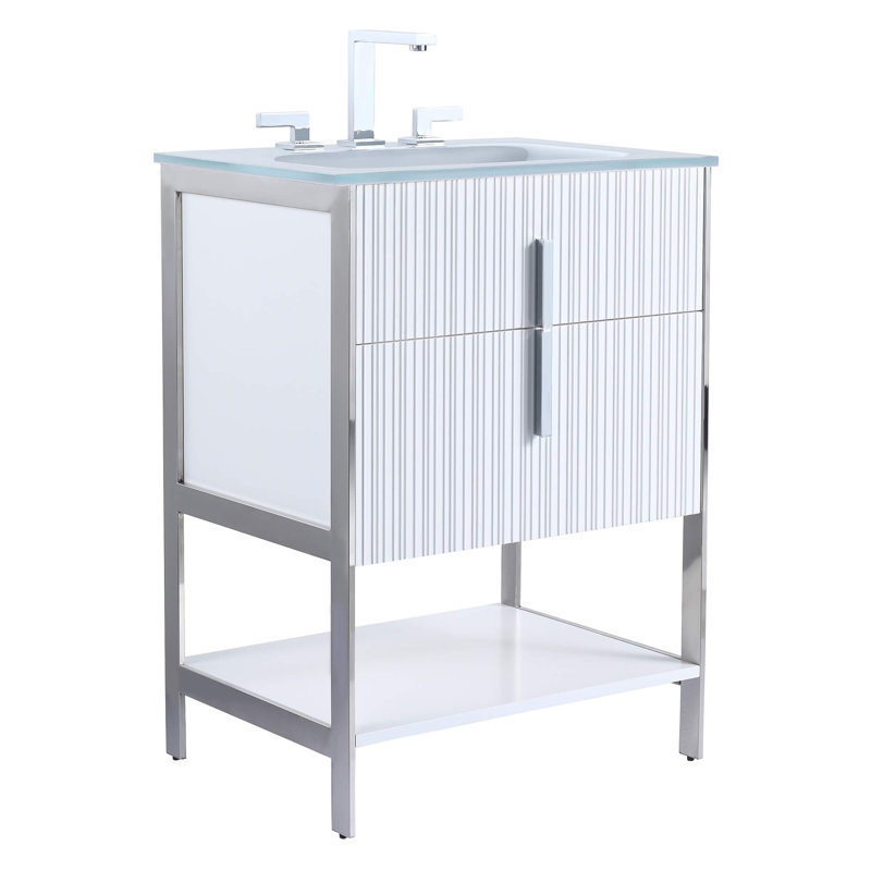 Mirutil Single Bathroom Vanity with Top, Chrome, White Matte