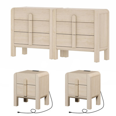 6 Drawer Dresser And Nightstand Set For Bedroom, 4 Pcs Bedroom Set With Curved Profile Design, Wood Chest Of Drawers Mid Century Storage Cabinet Set