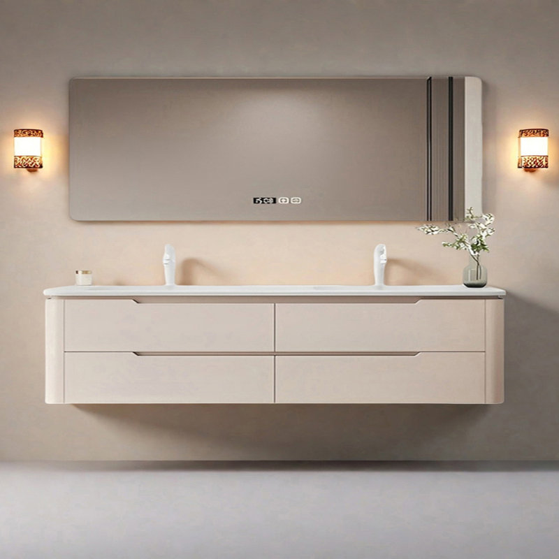 Simple modern style double basin bathroom cabinet, 71"