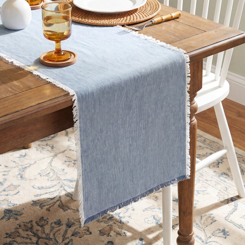 over&back Woven Frayed Chambray Table Runner, 18" W x 90" L, Blue