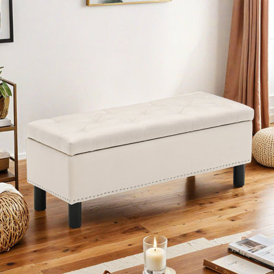 Banc de rangement avec repose-pieds avec pieds en bois, banc de chambre rembourré avec capitonnage à boutons, banc de rangement avec éponge résiliente haute densité pour chambre à coucher, lin, beige