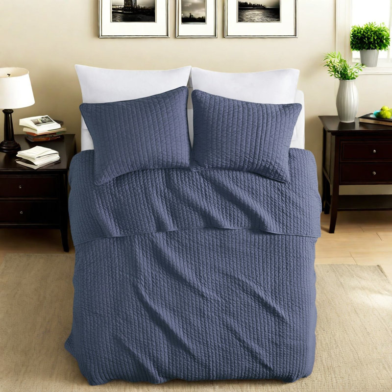 Navy Reversible Bedding Sets, Polyester Microfiber With Farmhouse Style For Home Comfort