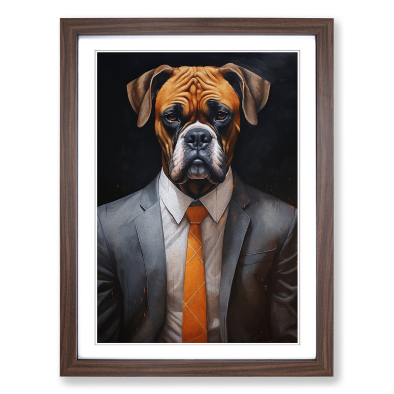 Boxer Dog In A Suit Painting No.4 - Single Picture Frame Print on Wood, Walnut Framed, 34cm H x 25cm W x 2cm D