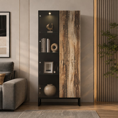 68.9" Tall Display Cabinet With Tempered Glass Doors, 8-Color LED Lighting & Push-To-Open Design