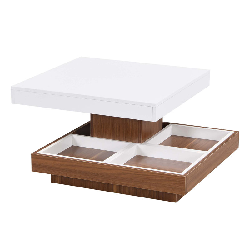 Ellsinore Modern Square 360°Rotating Coffee Table with Three Detachable Trays and 2-Tier Design, White