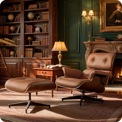 Chaise longue et repose-pieds en cuir pleine fleur haut de gamme, style Mid-Century, avec piètement en noyer massif et structure robuste en alliage d'aluminium.