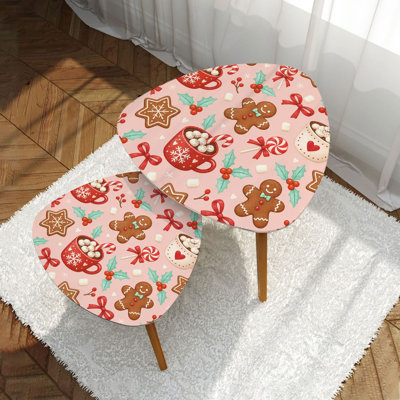 Ensemble de 2 tables basses gigognes triangulaires modernes, motif pain d'épices de Noël, chocolat chaud, style milieu du siècle, petites tables d'appoint pour salon, chambre, appartement, décoration intérieure