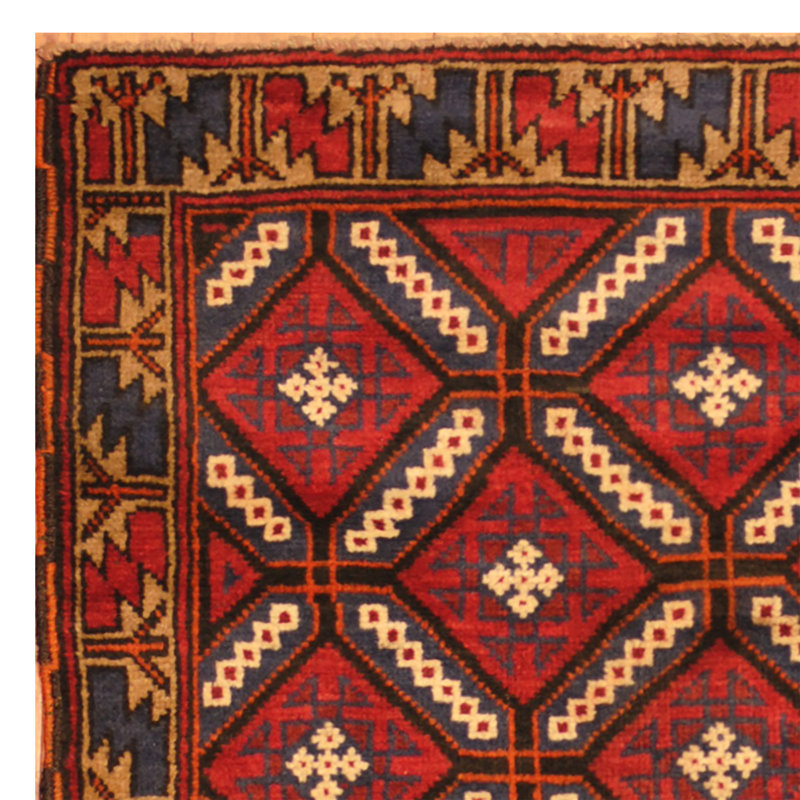 Tapis rouge / bleu marine noué à la main Sanaa