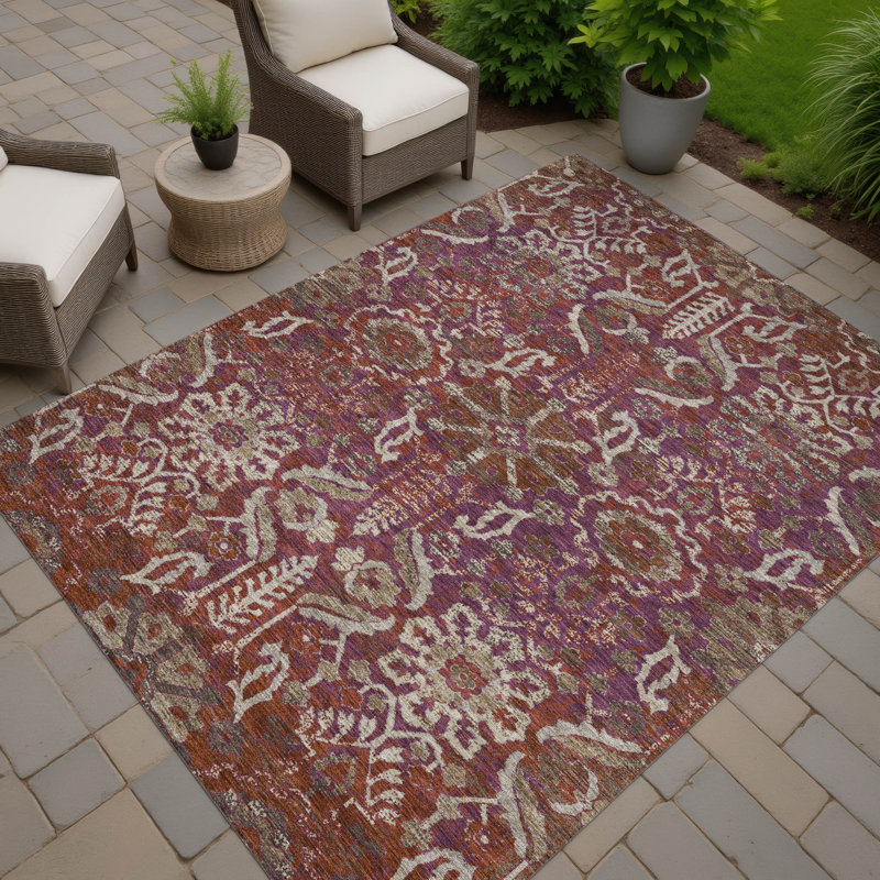 Tapis damassé intérieur / extérieur lavable à la machine ACN2617, Aubergine, 5 pi x 7 pi 6 po