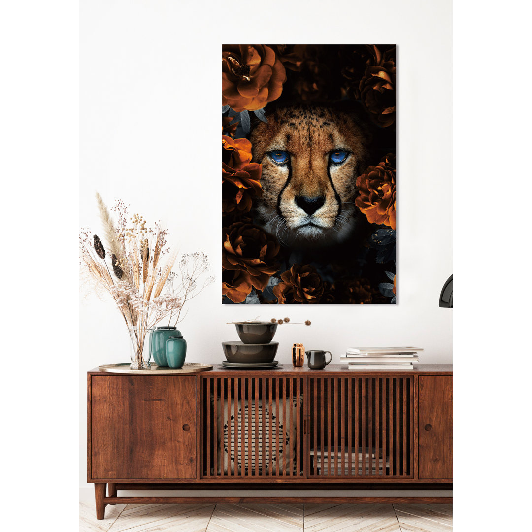 Glasbild Leopard mit Blumen