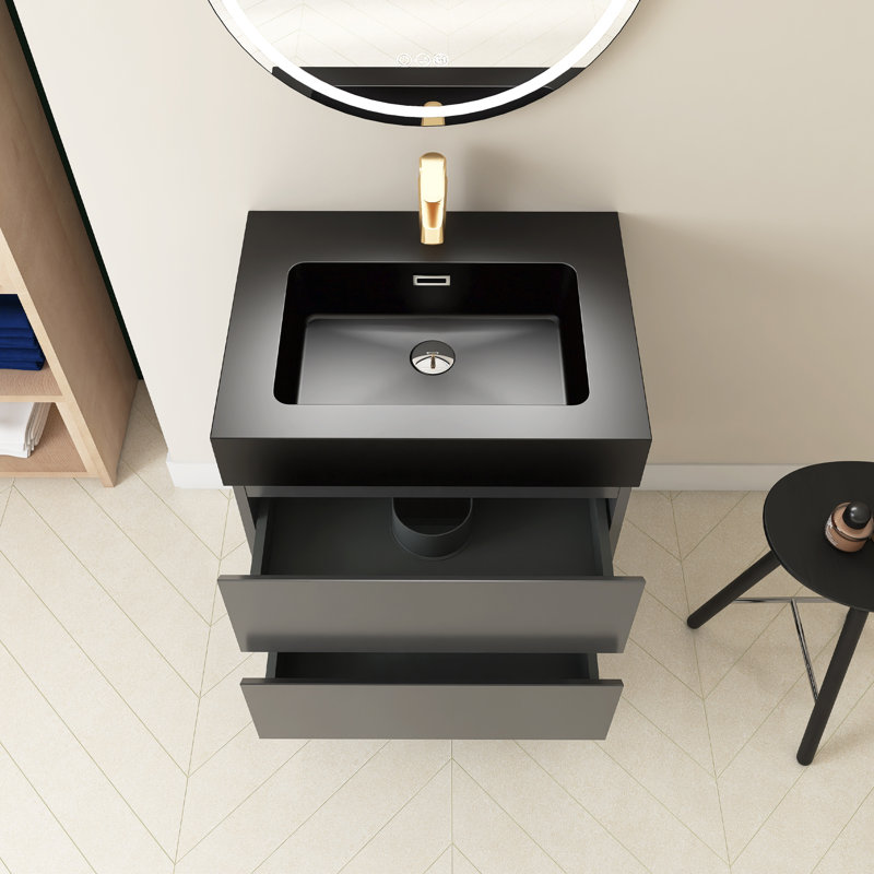 Ensemble de meuble-lavabo simple 24 po avec plateau Rollene, Noir, Gris