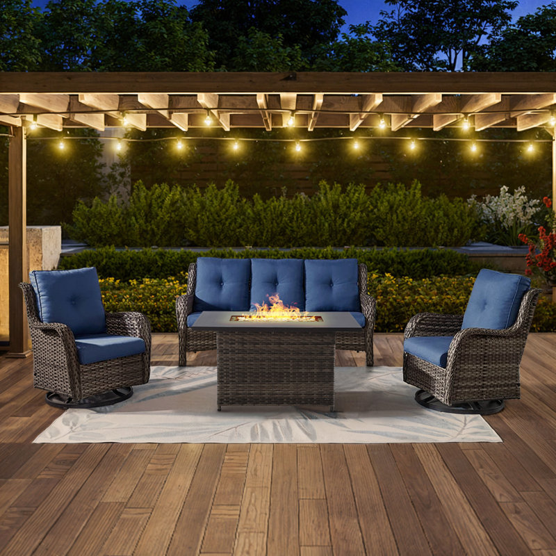 Deb 4-Pieces Outdoor PE Wicker Patio Conversation Set with Fire Pit and Cushions, Gray, Blue