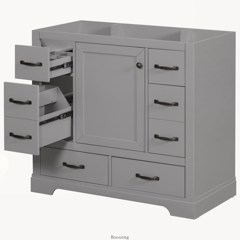 Base de meuble-lavabo sur pied 36 po seulement, armoire en panneau de fibres à densité moyenne avec 6 tiroirs, diviseur de tiroir multifonctionnel et tablette réglable, gris