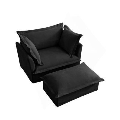 Fauteuil rembourré avec housse avec repose-pieds, fauteuil à assise profonde avec repose-pieds large pour le salon, ensembles de fauteuils avec grands coussins moelleux (ensemble de 2), tissu chenille, noir