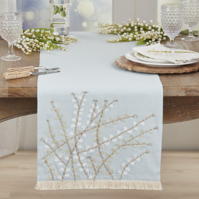 Embroidered Botanical Table Runner – Lined Decorative Table Runner with Fringe for Dining & Console Tables, 16"x72"