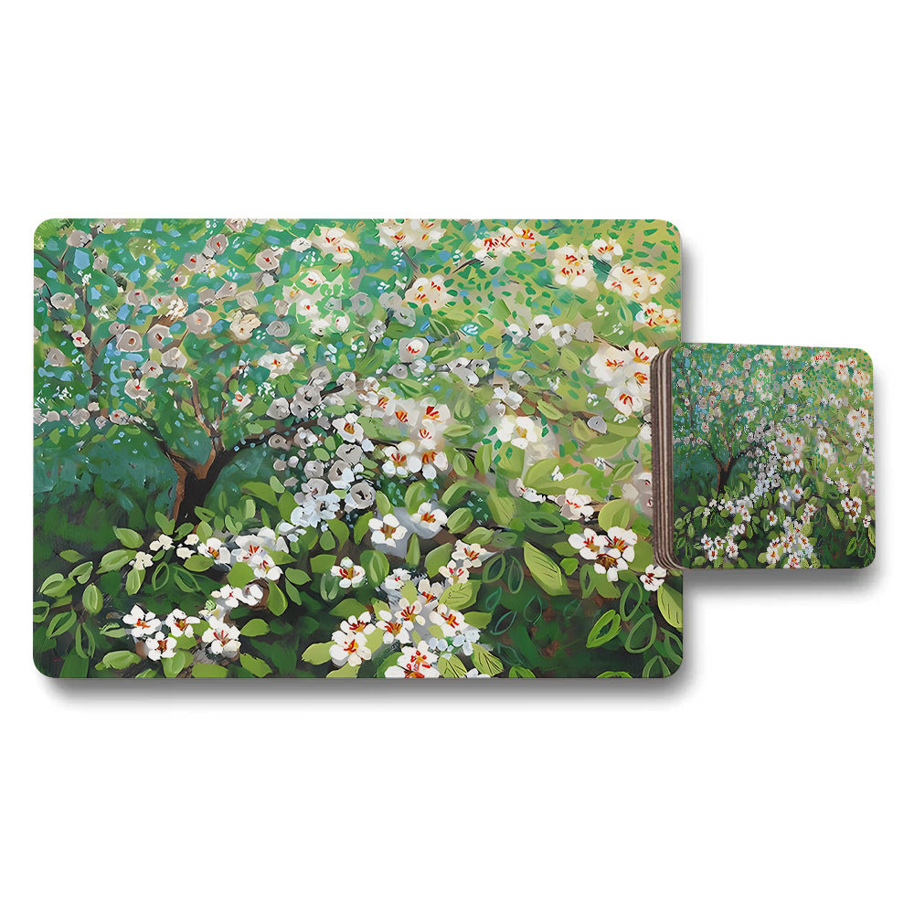 Floral Garden Placemat and Coaster Set with White Blossoms