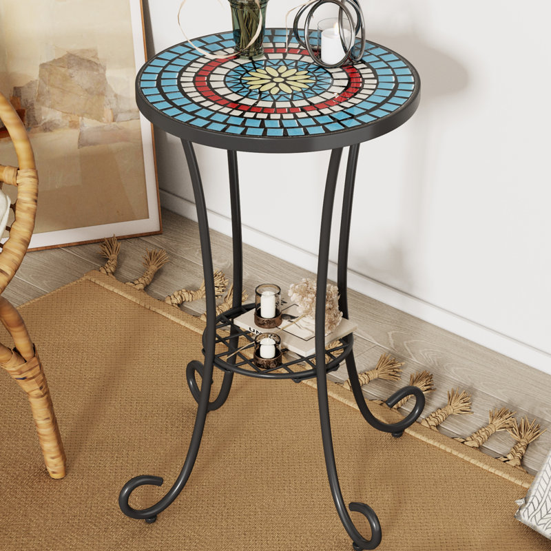 Patio Side Table with Shelf,Blue+Black