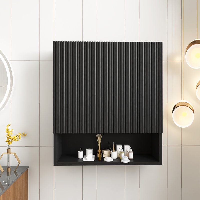 Armoire de rangement murale 26 po avec 2 portes, tablettes et compartiment de rangement ouvert noir