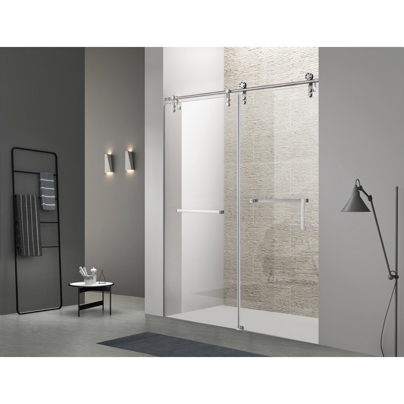 Porte de douche coulissante simple l 60 po x H 76 po | Verre trempé | Entièrement sans cadre, Laiton brossé