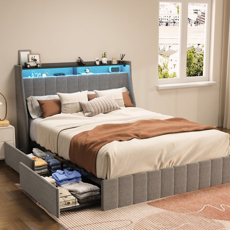 Grand lit, éclairage et rangement à DEL, tête de lit Wings, lit gris avec 4 tiroirs Ambiance