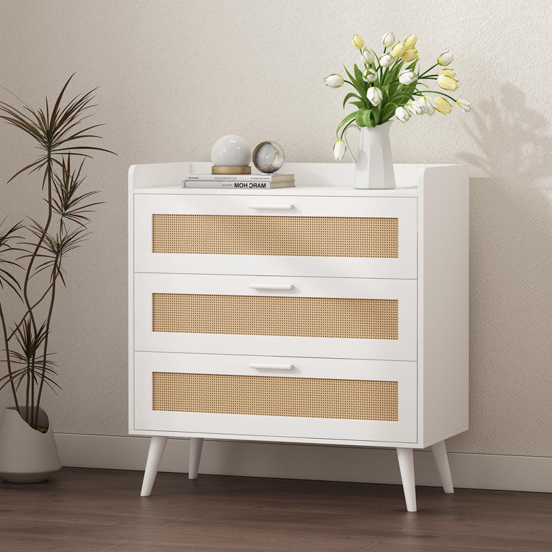 White and Rattan 3-Drawer Chest with Power Outlets