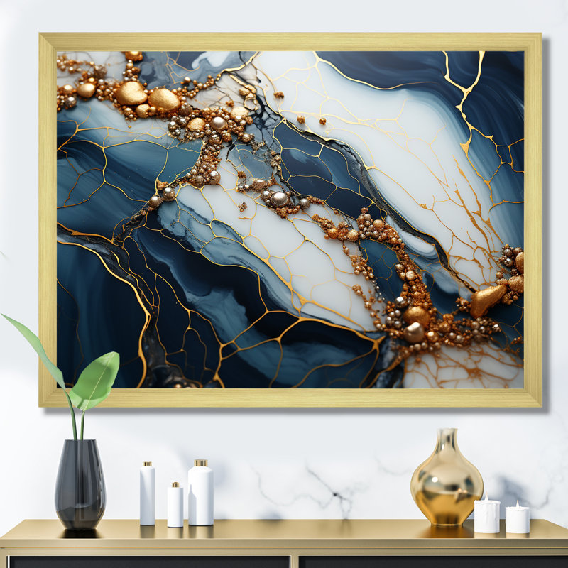 Encre de marbre dorée et bleue - Art mural en marbre, Cadre d'angle fermé doré, H 24 po x l 32 po x P 1 po