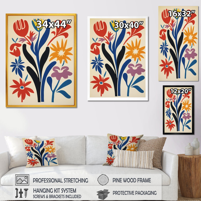 Fleurs abstraites rétro en bleu jaune noir sur toile, H 20 po x l 12 po x P 1 po, Cadre flottant noir
