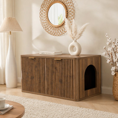31.5" Walnut Cat Litter Box Enclosure Furniture, Large Decorative Hidden Litter Box Cabinet, Fluted Mid Century Modern Kitty End Table for Living Rooms, Bedrooms, Entryways (WALNUT)