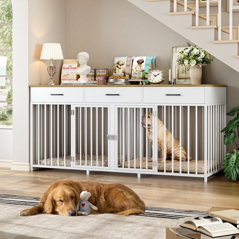 71"W Large Dog Crate Furniture With 3 Drawers And Divider, Brown/White