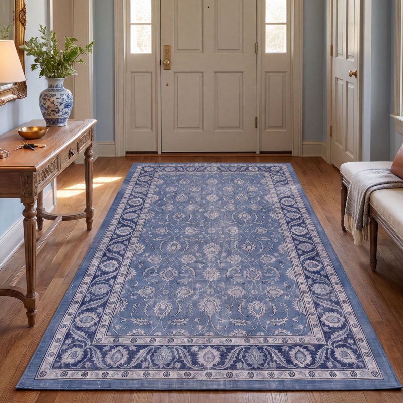 Tapis Flint traditionnel à motif floral intégral bleu, gris et crème, lavable en machine, antidérapant, à poils courts, pour intérieur et extérieur, adapté aux animaux domestiques, idéal pour le salon, la chambre, la salle à manger, l'entrée, le corridor ou le bureau.